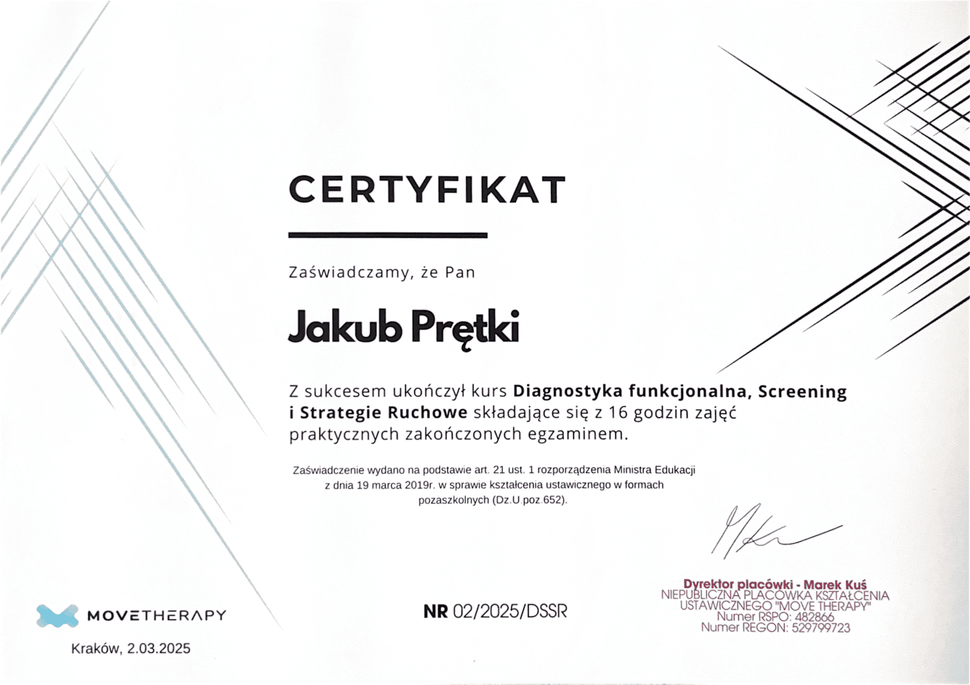 Certyfikat - Jakub Prętki